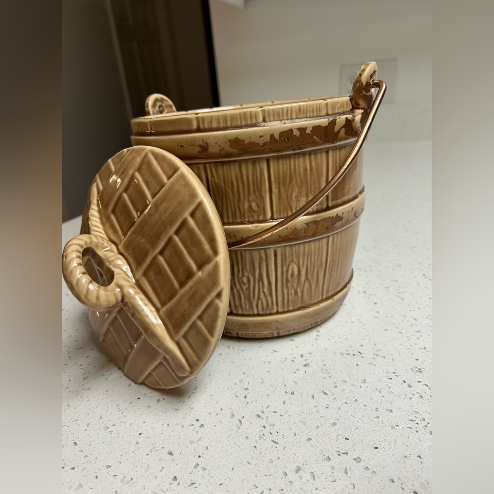 Vintage McCoy Barrel, Ice Bucket Cookie Jar with Metal Handle Basket Weave Lid.